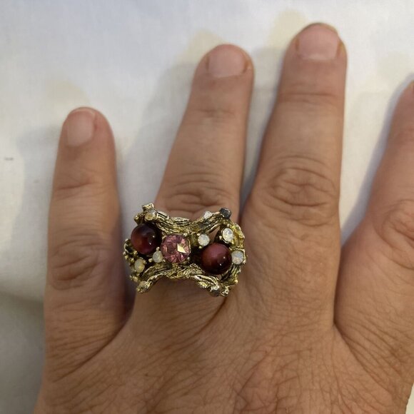 Adjustible Ring with Pink and Rainbow Crystals and Maroon Stones Novelty - Picture 8 of 8